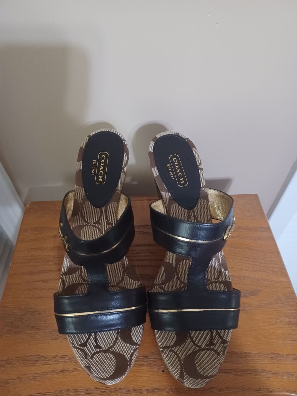 Coach Black Leather Slide Heels with Brown Signature Monogram